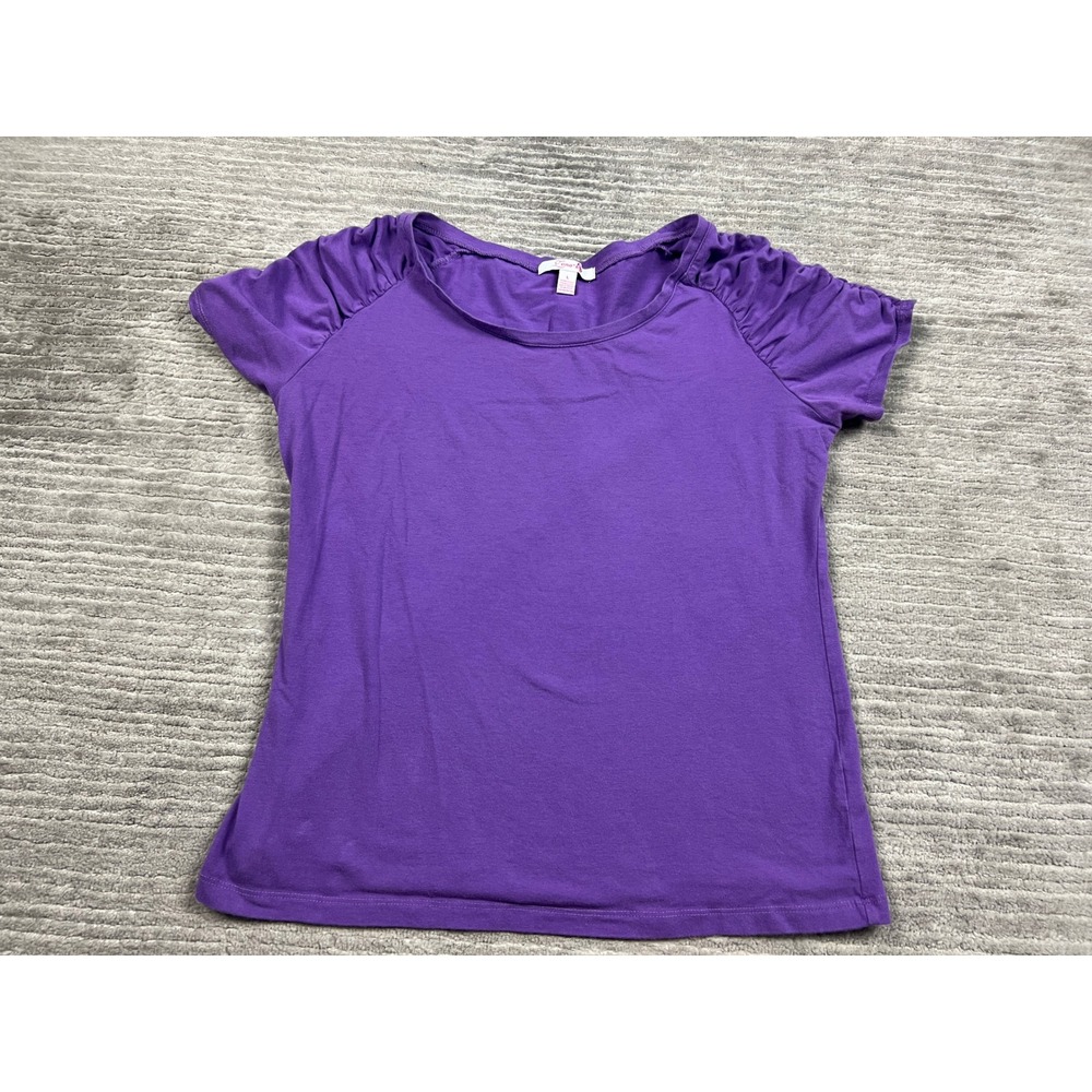Zena Top Women Large Purple Short Ruched Puff Sleeve Scoop Neck Cotton Stretch